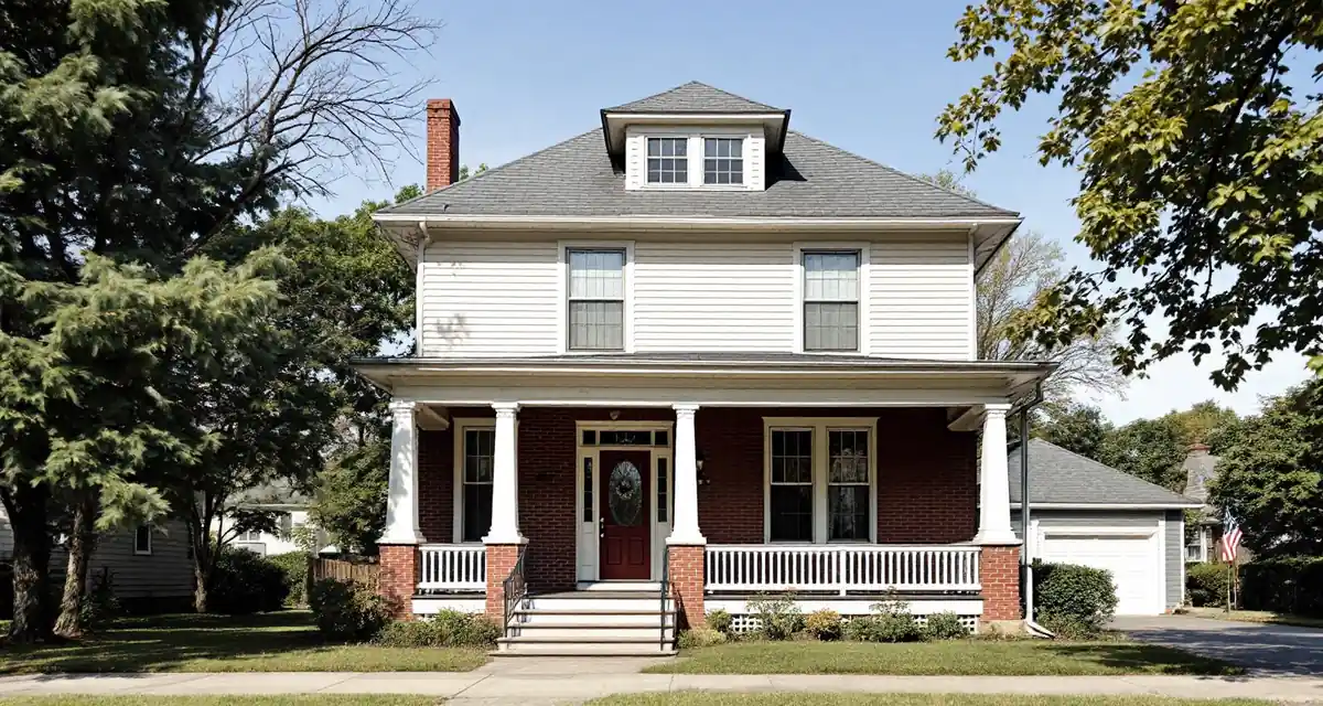Boxy two-and-a-half-story house with a hipped roof, a center dormer, cream lap siding upstairs, red brick below and a full-width front porch