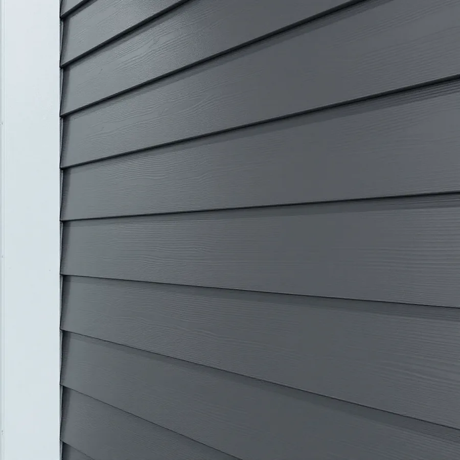 Charcoal-gray steel lap siding panels with crisp horizontal lines beside a light trim board