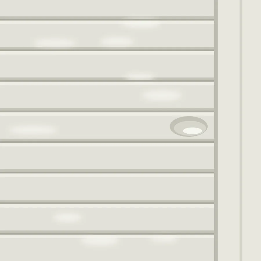 Drawing of faded white aluminum lap siding with light chalky patches and one small dent near the corner trim
