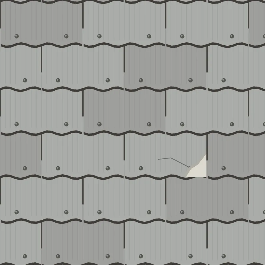 Drawing of gray rectangular cement wall shingles with a wavy lower edge and nail heads, one shingle chipped at the corner