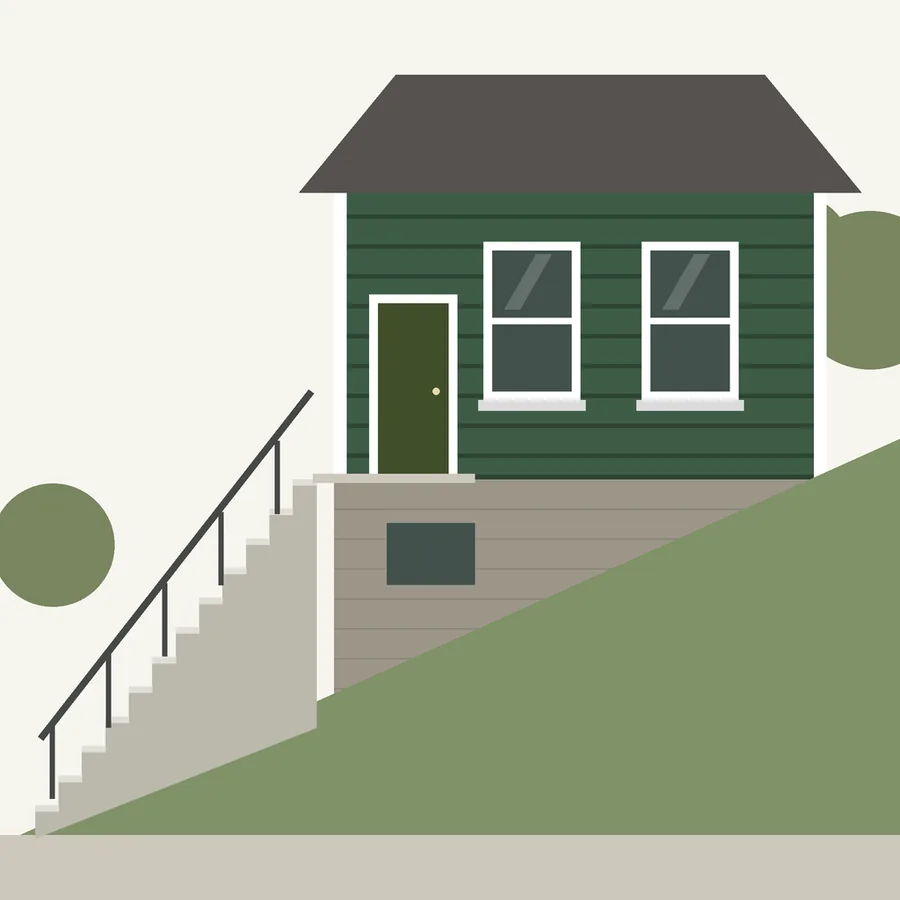 Drawing of dark green fiber cement lap siding on a house set into a steep slope, with concrete stairs up to the door