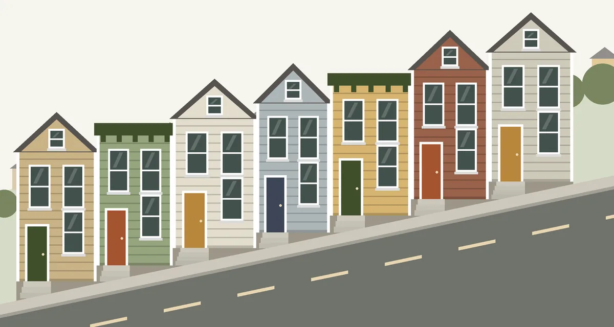 Drawing of a row of narrow two-story houses with lap siding in several colors climbing a steep street
