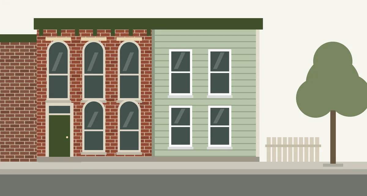Drawing of a Victorian brick rowhouse with tall arched windows and a painted wood clapboard section under the same cornice