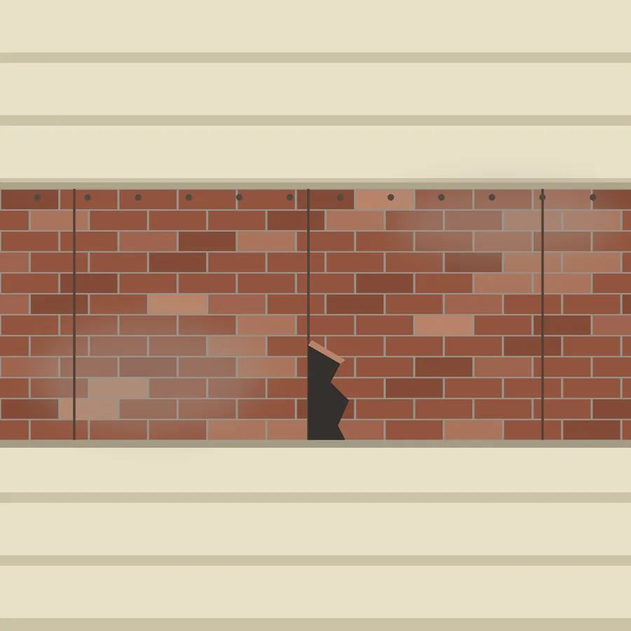 Drawing of weathered brick-pattern sheet siding exposed where a strip of vinyl panels has been taken off a wall