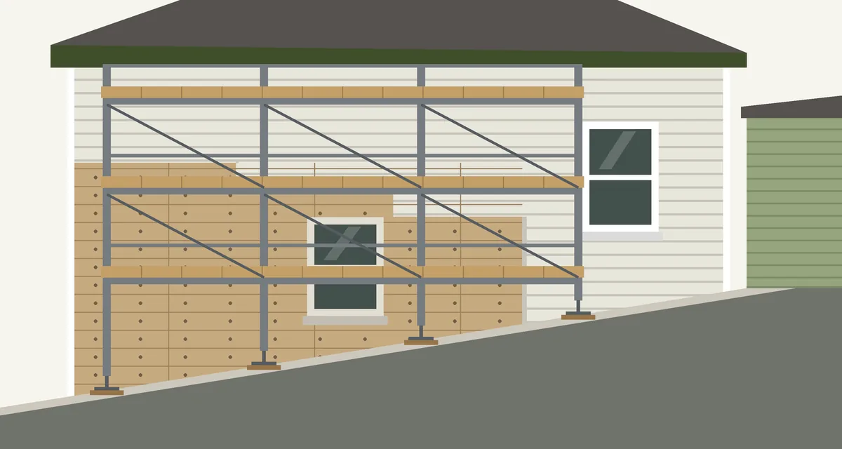Drawing of steel scaffolding against the side wall of a house on a sloping street, old siding partly stripped to the sheathing