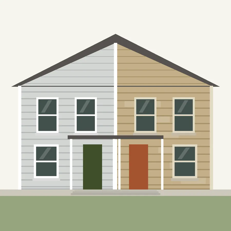 Drawing of a twin house, one half in new pale gray vinyl and one in older tan siding, meeting at the shared center line