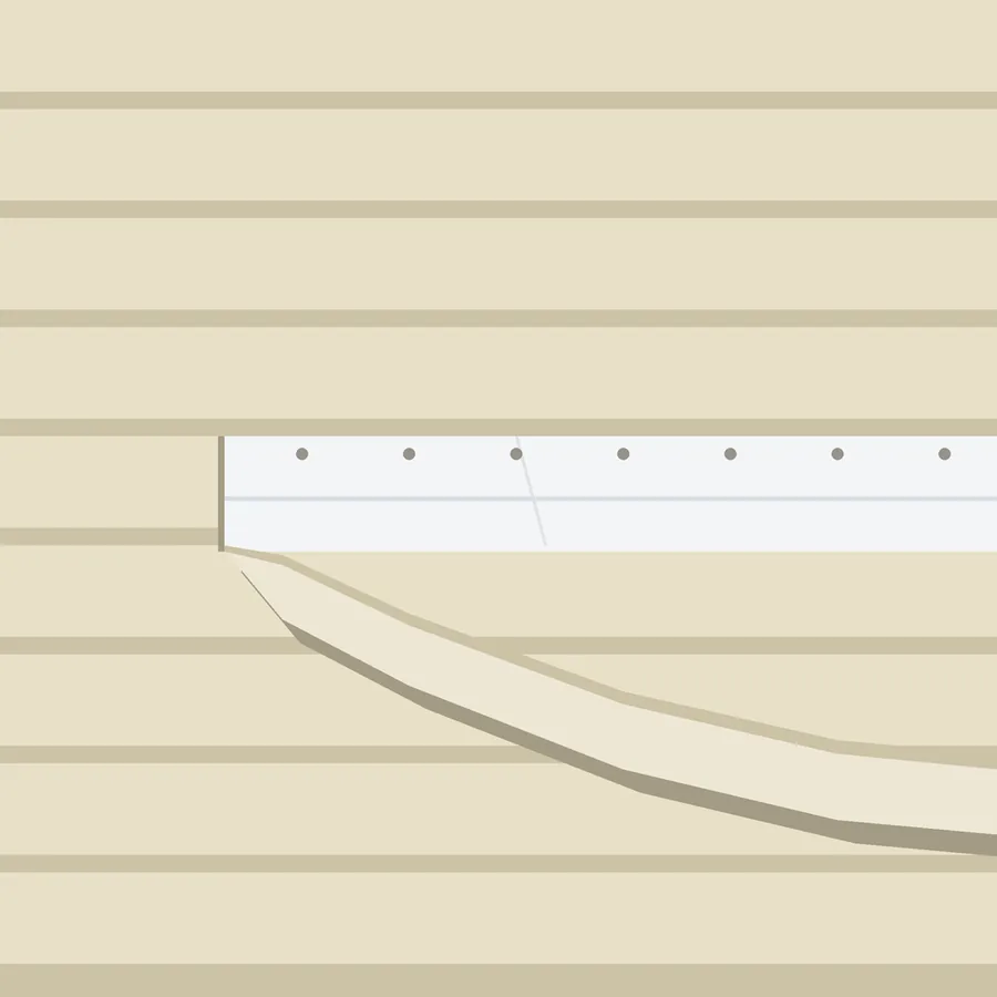 Drawing of beige vinyl siding with one panel unlocked and bent outward by wind, showing house wrap behind it