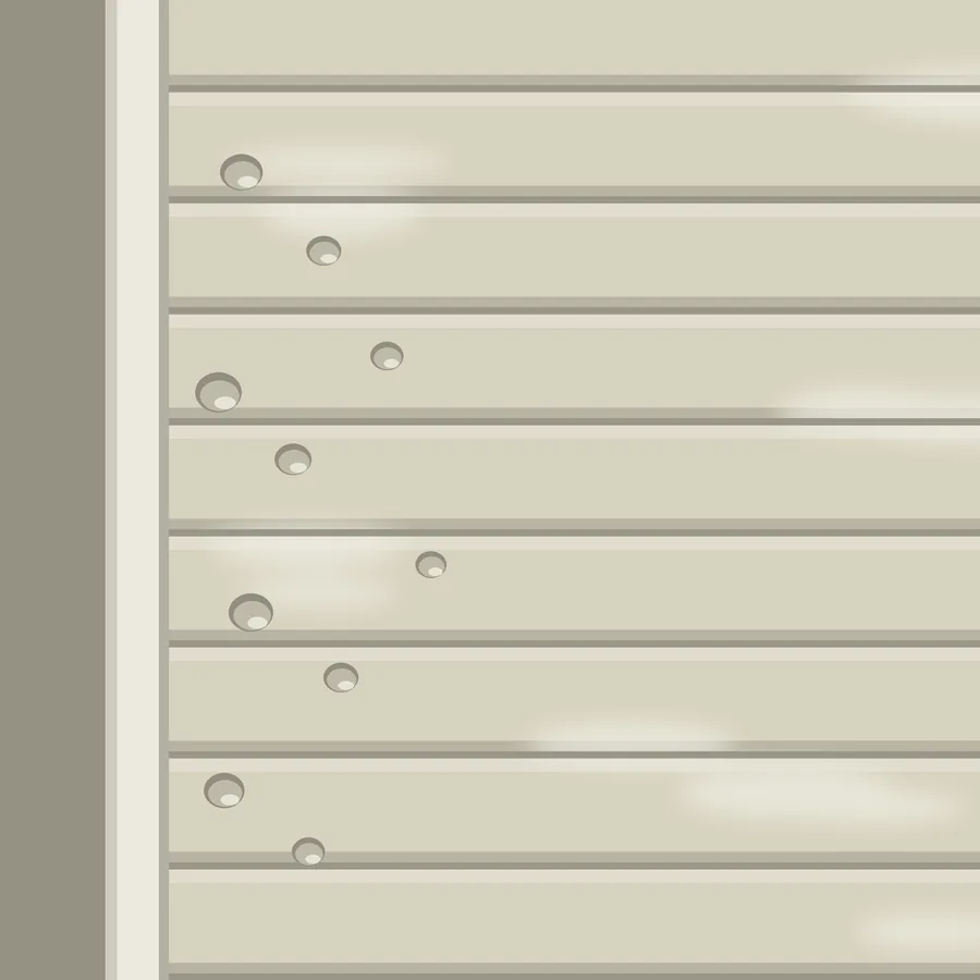 Drawing of faded aluminum lap siding with small round hail dents near a corner trim
