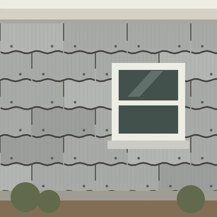 Drawing of gray flat cement wall shingles with a wavy lower edge on an older ranch house wall