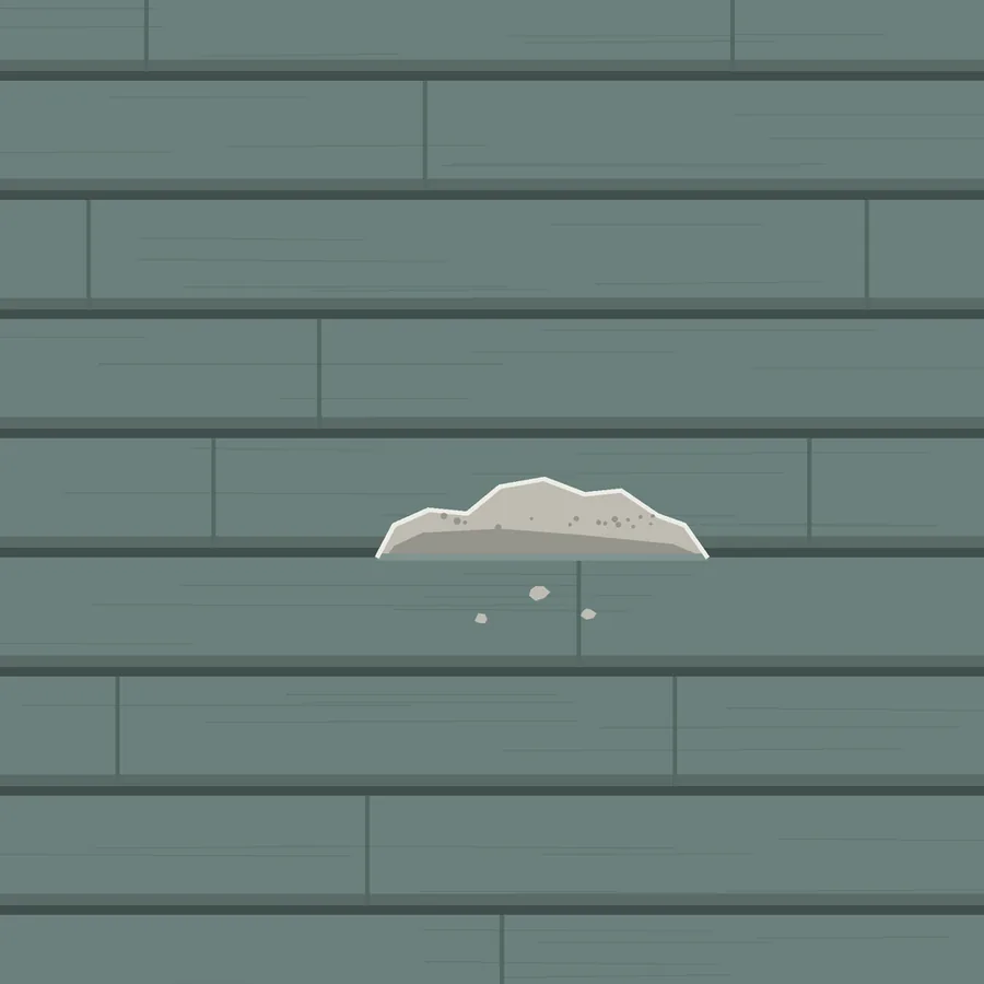 Drawing of painted fiber cement lap siding with a chipped lower edge on one board