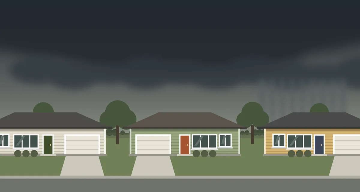 Drawing of a row of single-story ranch houses with horizontal lap siding under a dark storm sky on flat ground