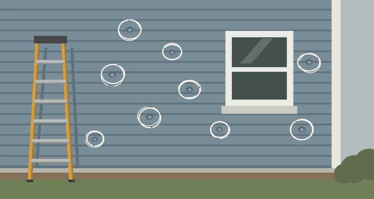Drawing of a sided wall with hail hits circled in chalk and a stepladder leaning beside it
