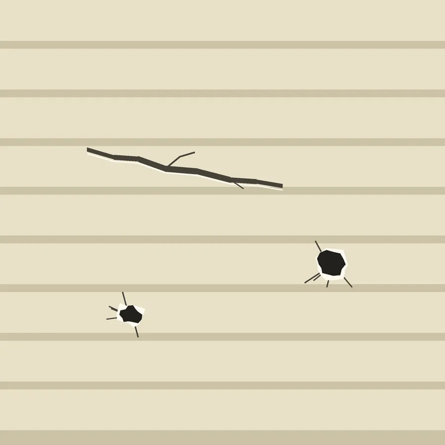 Drawing of pale vinyl lap siding with a cracked panel and two small punched holes