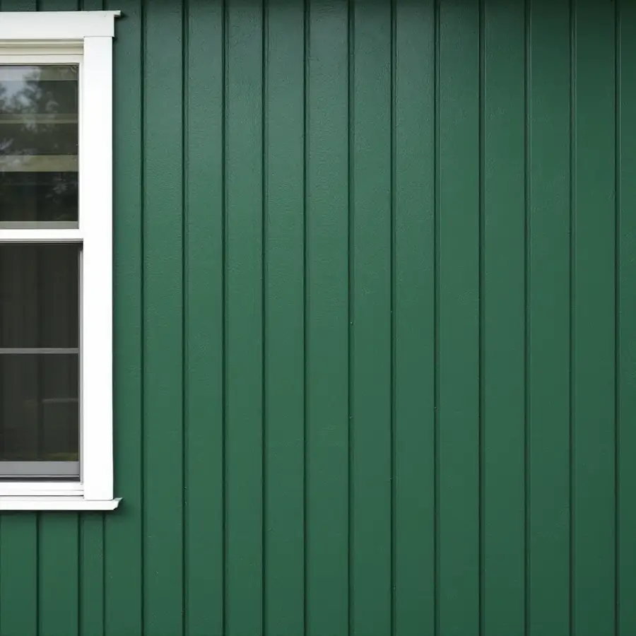 Wall of deep green vertical board-and-batten siding with narrow raised battens over each seam beside a white-trimmed window