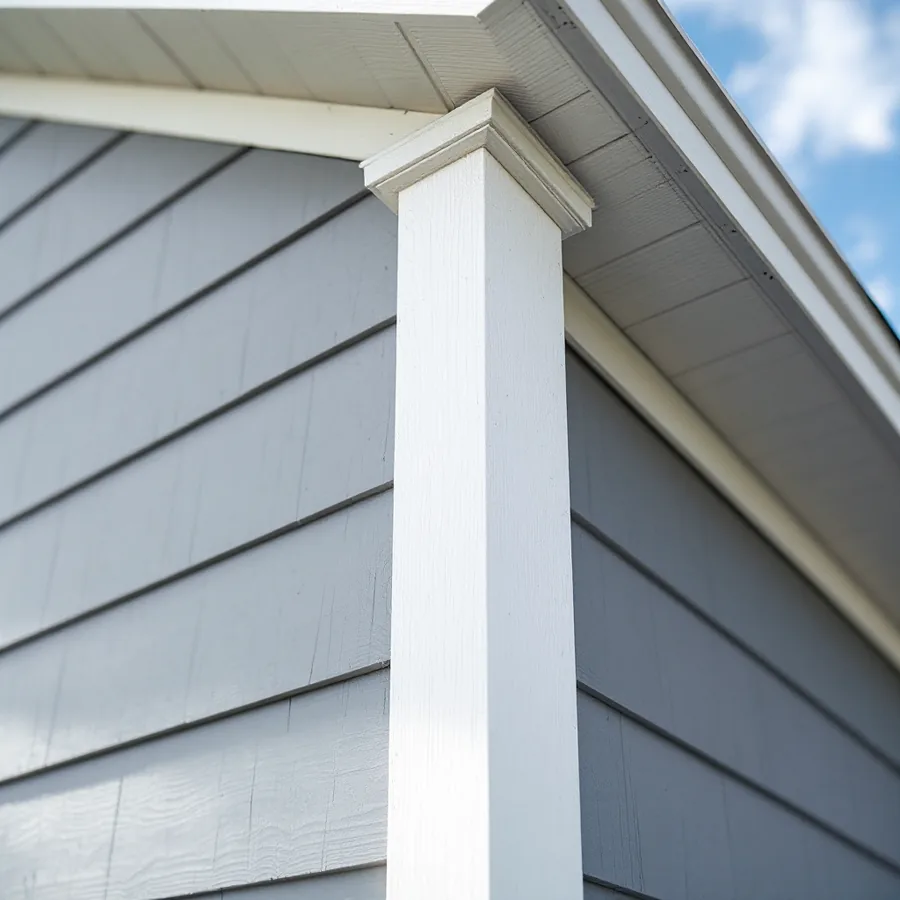 White vertical corner post trim where gray lap siding on two walls meets, seen from below against a blue sky and white soffit