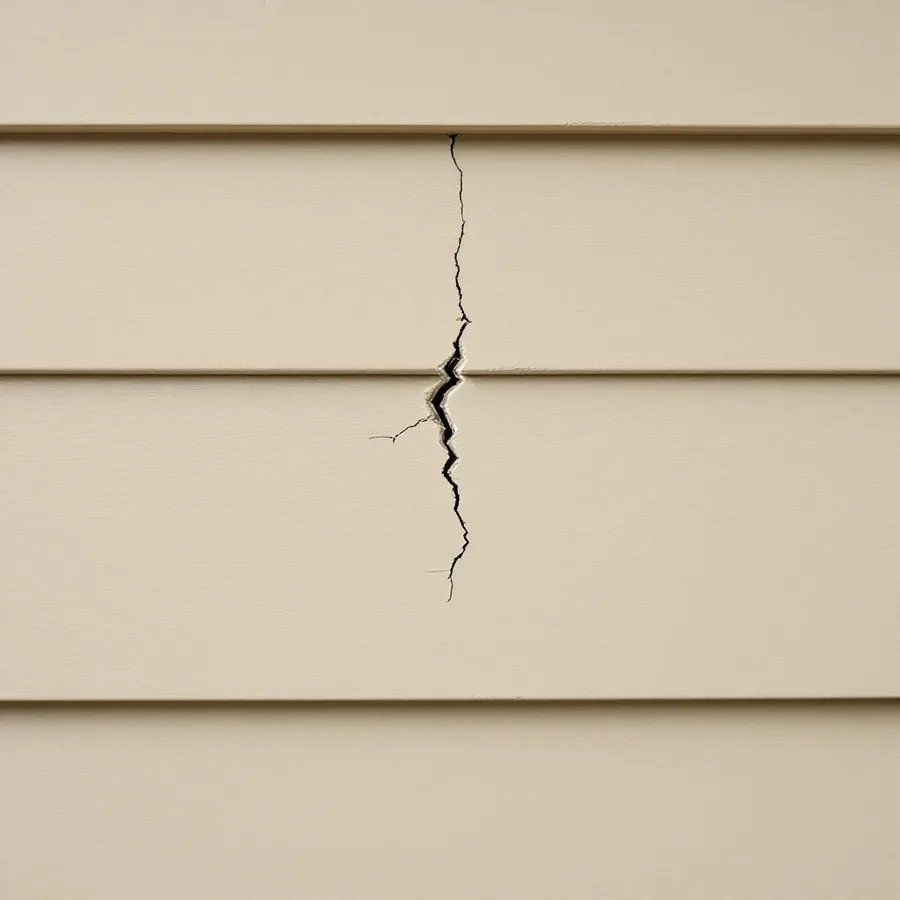 Single beige vinyl siding panel with a jagged vertical crack running through it, the panels above and below intact