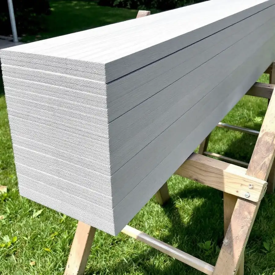 Stack of long plain gray fiber cement planks with a faint wood-grain texture resting on two wooden sawhorses on a lawn, cut ends showing the gray core