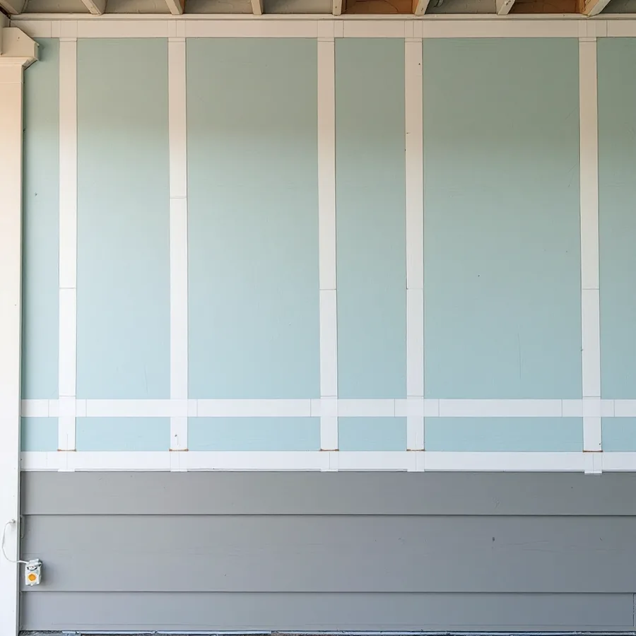 House wall covered in pale blue rigid foam boards with every seam taped white, a first course of gray lap siding started at the bottom