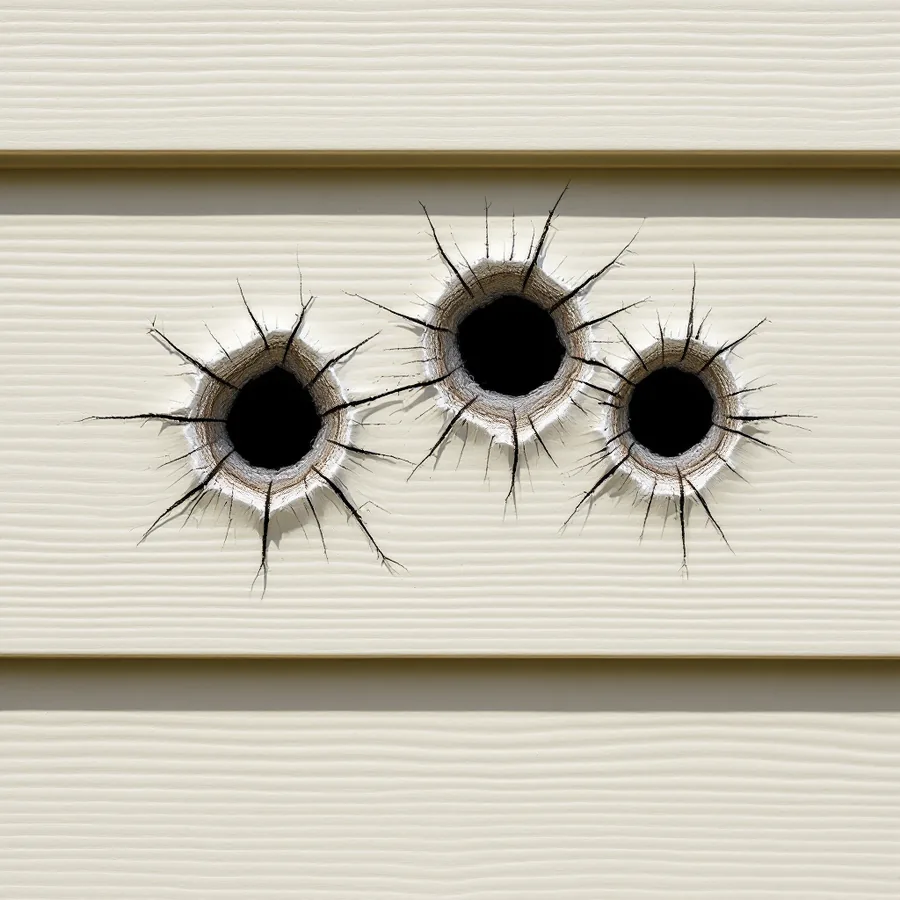 Three round holes punched through cream vinyl lap siding, each ringed with short radiating cracks
