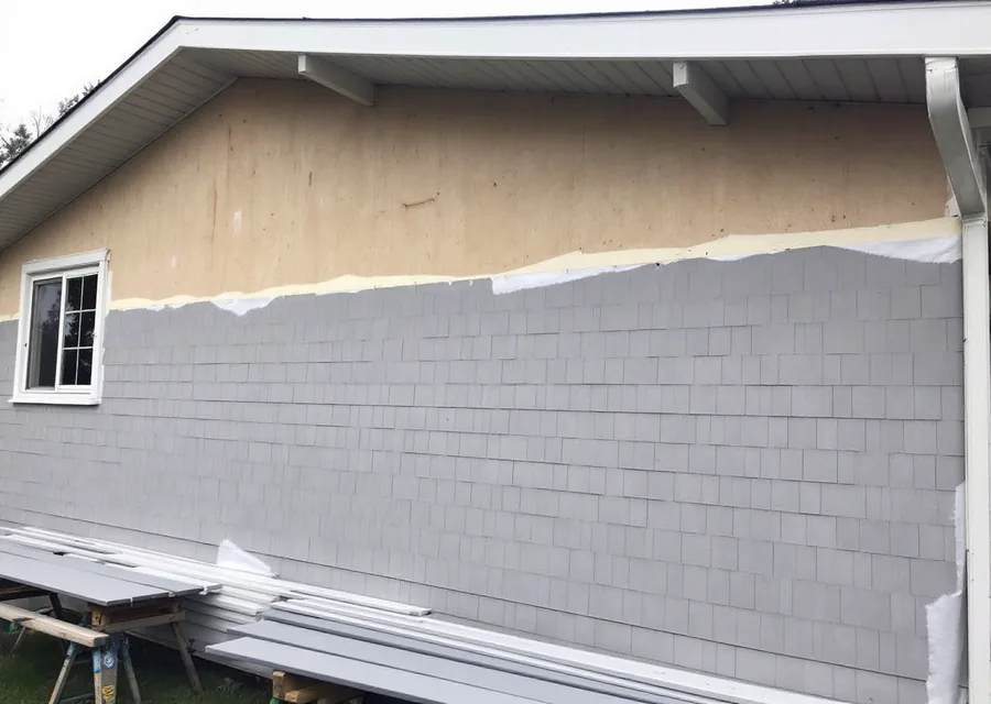 Long side wall of a single-story house mid-job: bare plywood sheathing across the top third under the eave, new gray shingle-profile siding covering the lower wall, and the next gray planks laid on sawhorses on the lawn