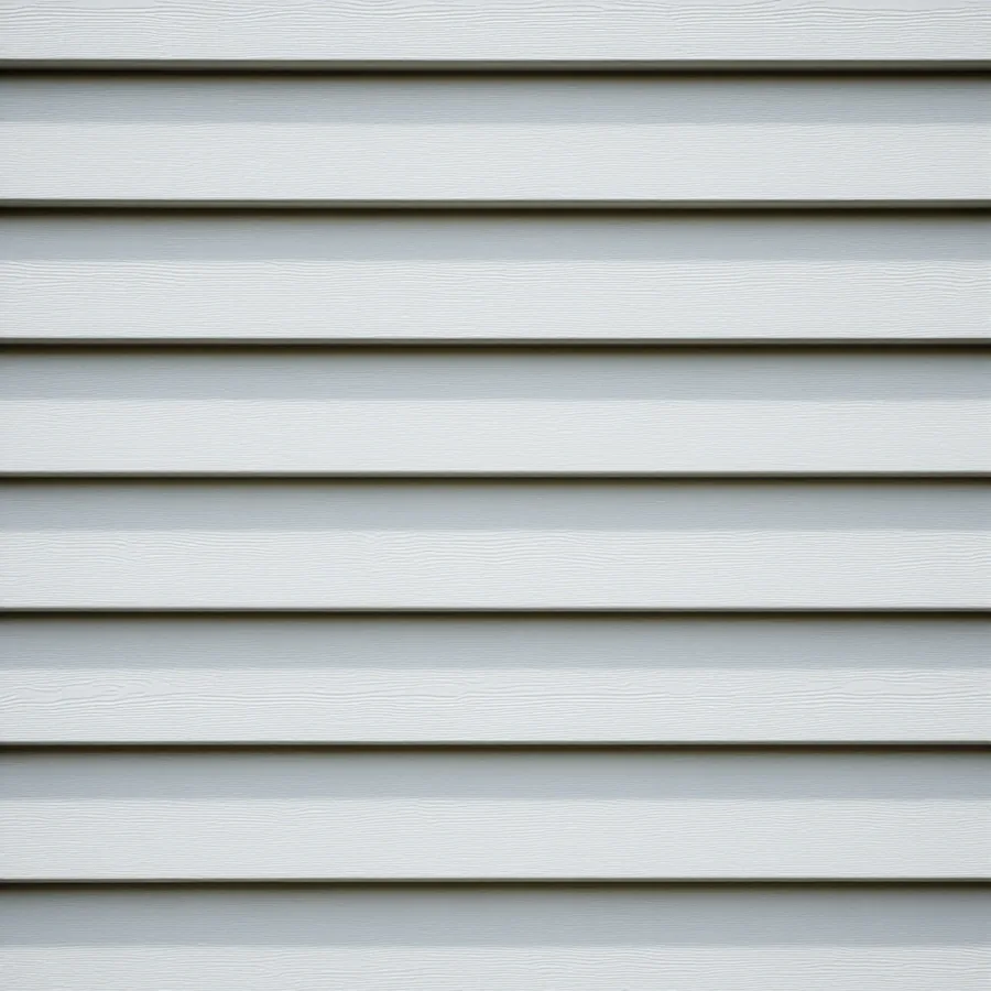 Close-up of pale gray horizontal vinyl lap siding at a low angle, each overlap casting a straight shadow line