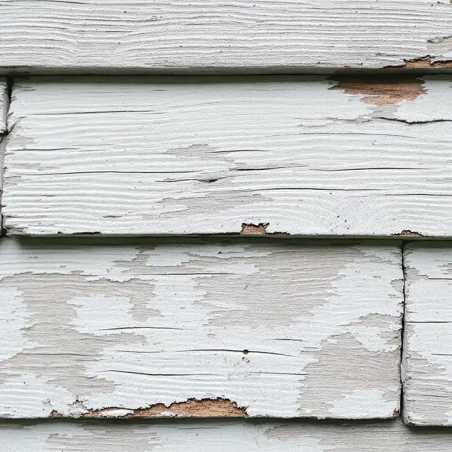 Old wooden clapboards with thick white paint peeling and flaking in curls, bare gray wood showing through