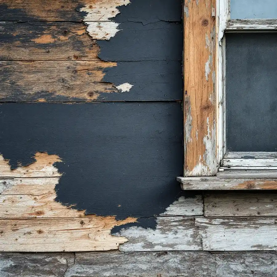 Weathered board sheathing exposed beside an old window, with torn black building paper still clinging to part of it