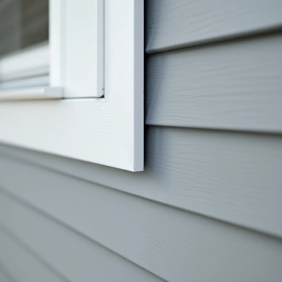 Close-up of a white vinyl window trim channel meeting new gray lap siding at the corner of a window