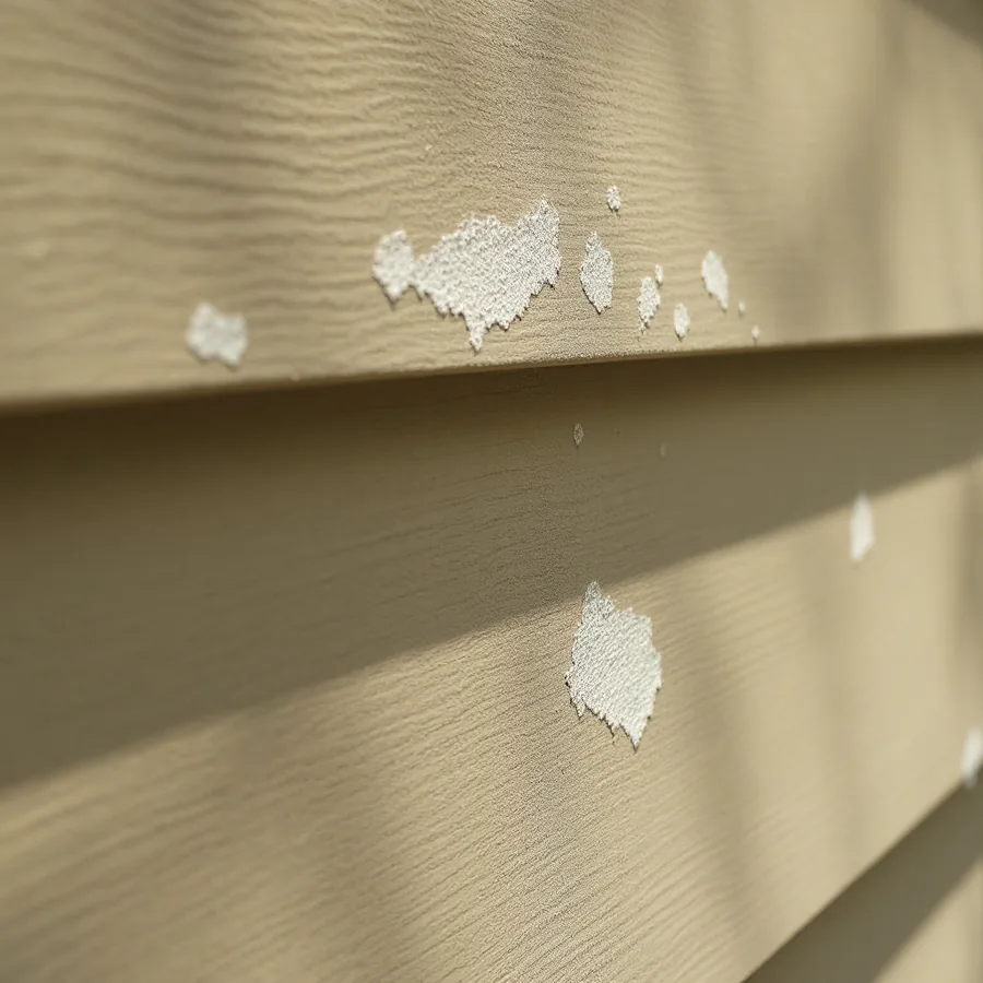 Tan painted fiber cement lap siding with several small patches where the paint has flaked off, showing pale cement