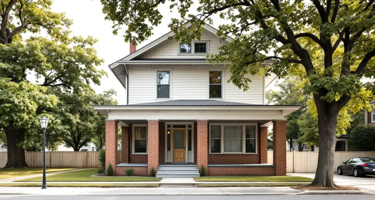 Two-story foursquare house with a red brick ground floor and porch columns, white lap siding on the upper floor and large shade trees along the street