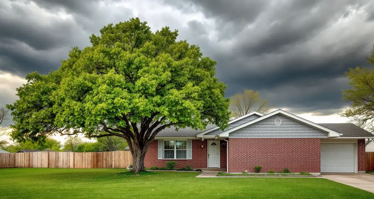 One-story red brick ranch house with gray siding on the front gable and white trim, a broad shade tree in the lawn and dark storm clouds above