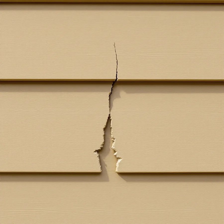 Tan vinyl lap siding with a broken corner piece and a jagged split across one panel