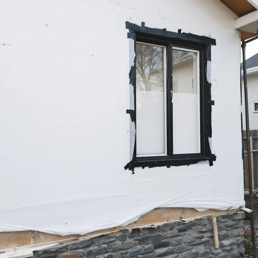 Wall of a house stripped to white house wrap over sheathing, with a window opening flashed in black tape