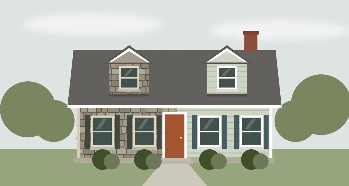 Drawing of a small mid-century Cape Cod house with two dormers, old wall shingles on one side and new lap siding on the other