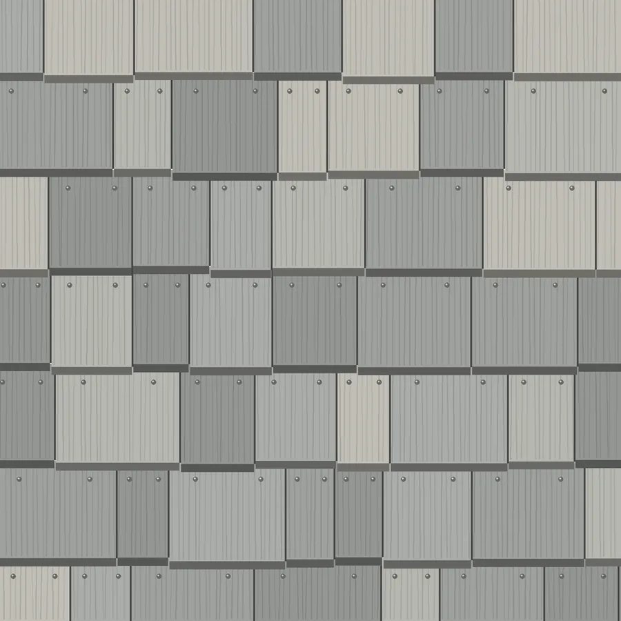 Drawing of weathered silver-gray cedar shingles in staggered rows with small nail heads above each row