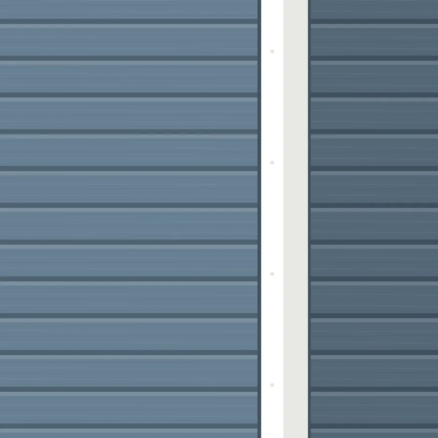 Drawing of painted fiber cement lap boards in muted blue meeting a white corner trim board