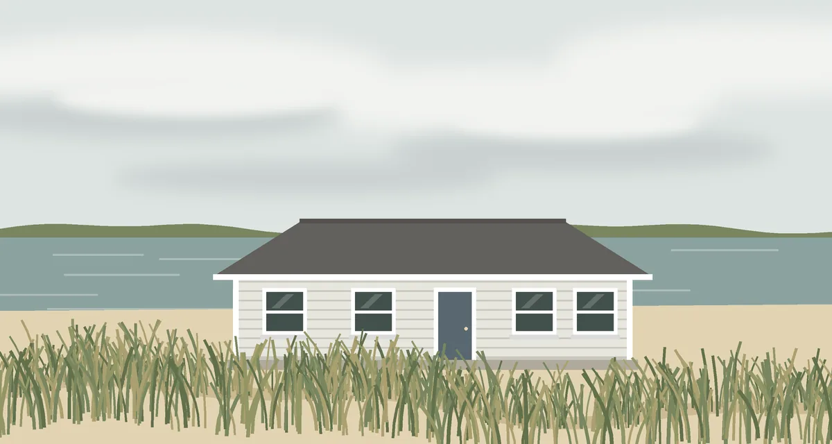Drawing of a one-story house with pale vinyl lap siding behind dune grass, with a bay and low clouds beyond