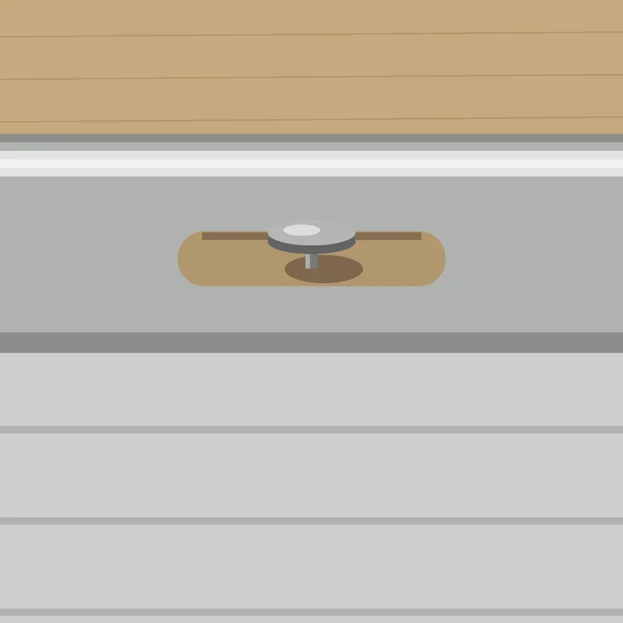Drawing of a nail driven in the middle of a long slot in a vinyl panel hem, with a thin gap under the nail head