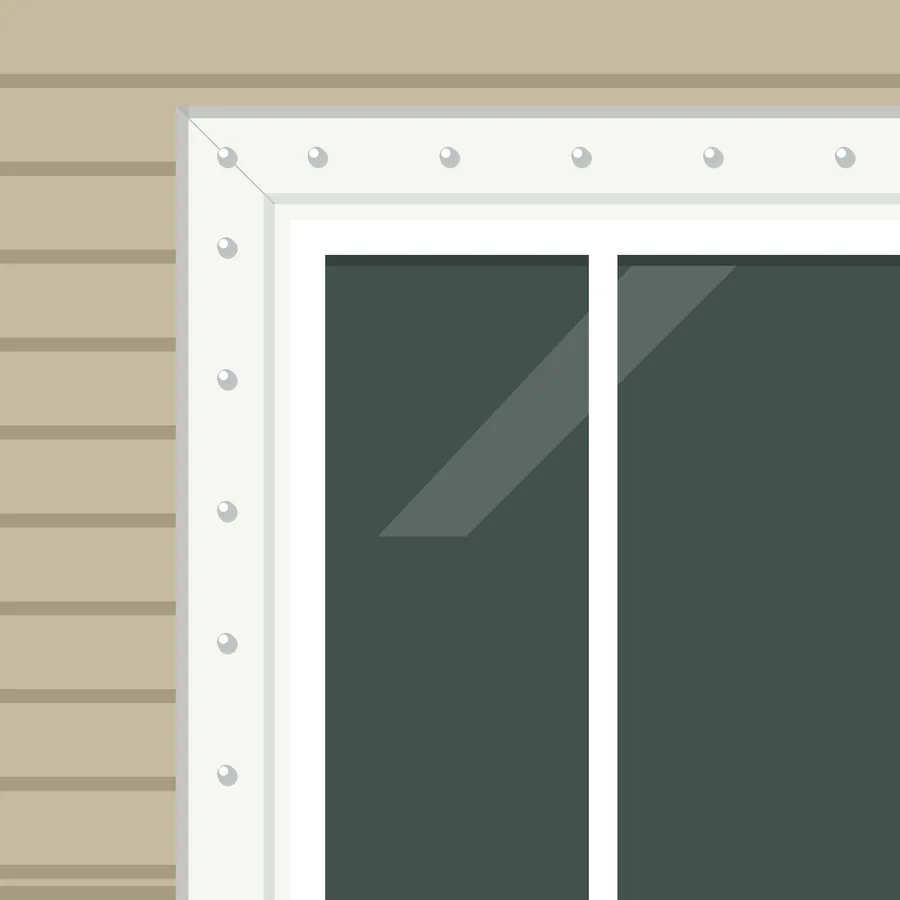 Drawing of white aluminum window trim with small bright fastener heads beside the window edge