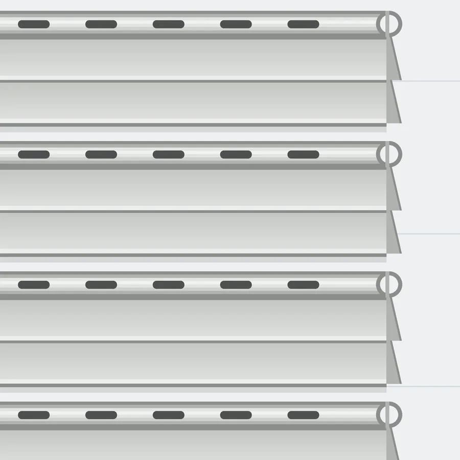 Drawing of pale gray vinyl lap siding with a deep rolled nailing hem along the top edge of each panel