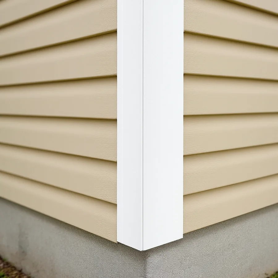 White vinyl outside corner post with tan lap siding tucked behind both edges, ending just below the lowest course