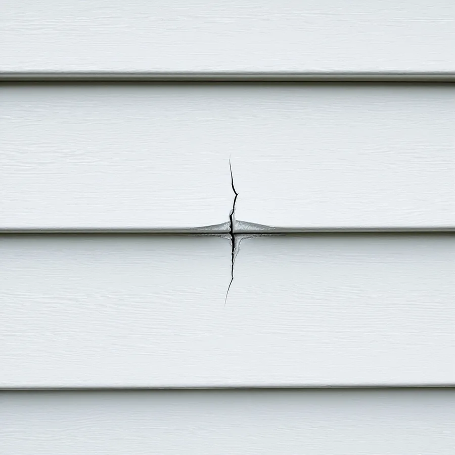 White vinyl lap siding with a jagged crack splitting the lower edge of one panel