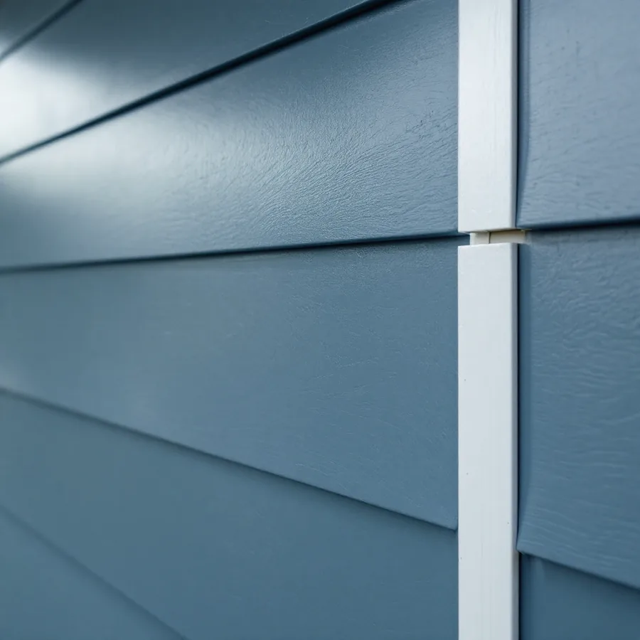 Slate blue painted fiber cement lap siding with crisp shadow lines meeting white corner trim