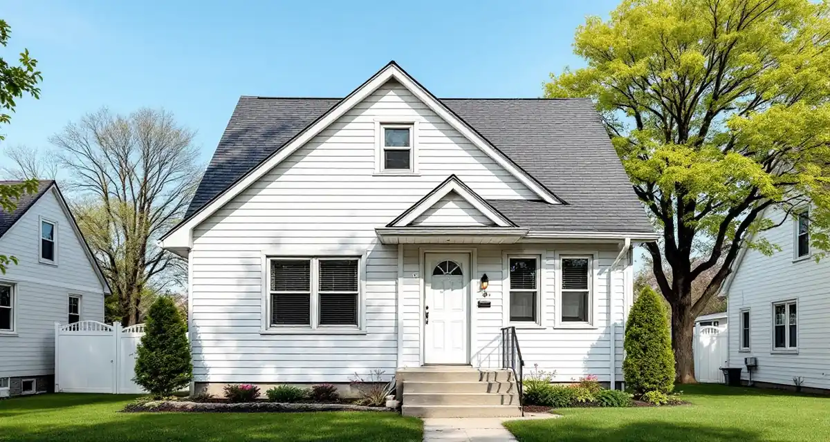 Story-and-a-half 1950s house with new pale gray lap siding and white trim