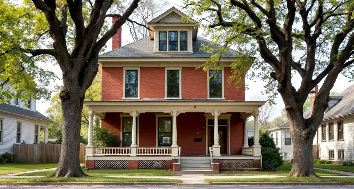 Two-story red brick house from around 1900 with a wide porch on turned columns, a dormer and tall windows, between old shade trees