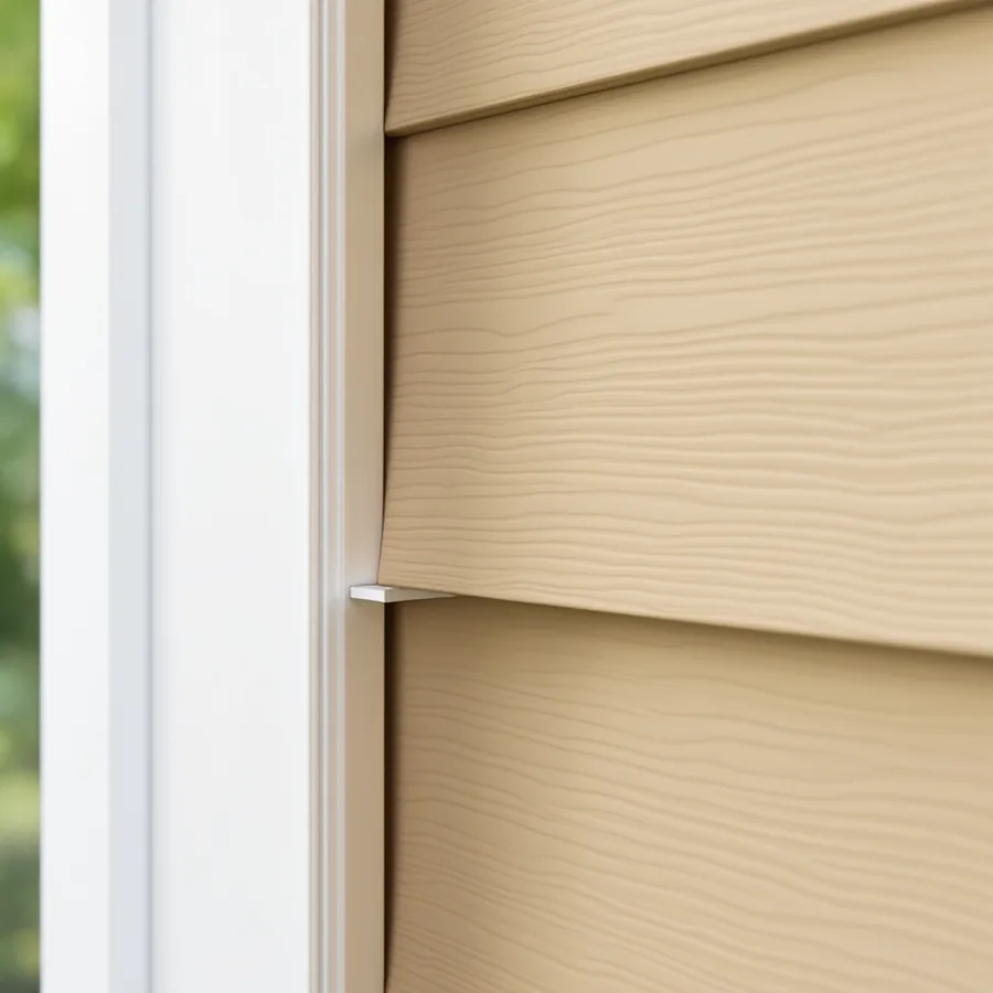 White J-channel trim framing a window, with the ends of tan vinyl siding panels tucked into it