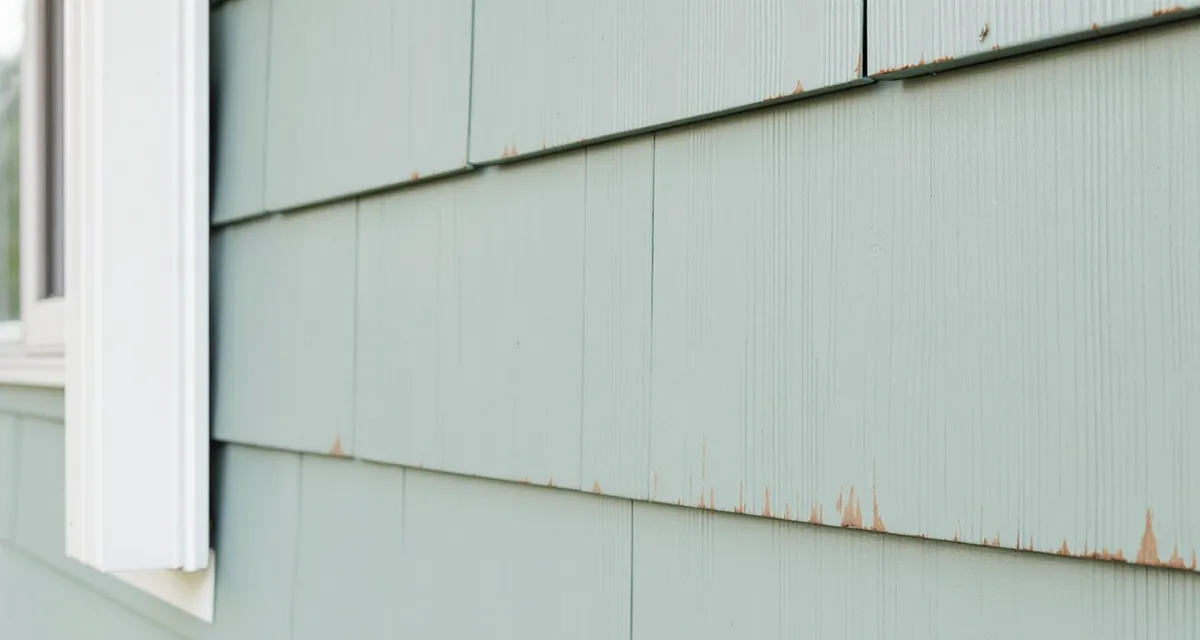 Weathered gray-green cement shingle siding with a wavy lower edge on the wall of a mid-century house, a few corners chipped