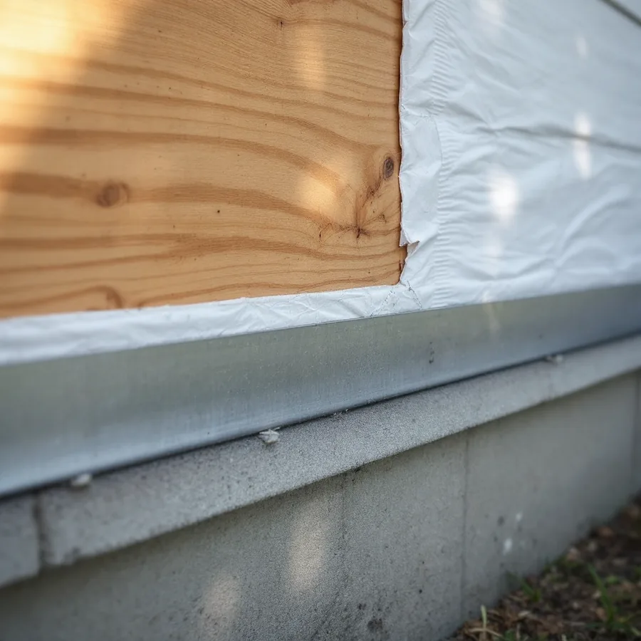 House wrap going on over wood sheathing above a metal starter strip at the foundation line