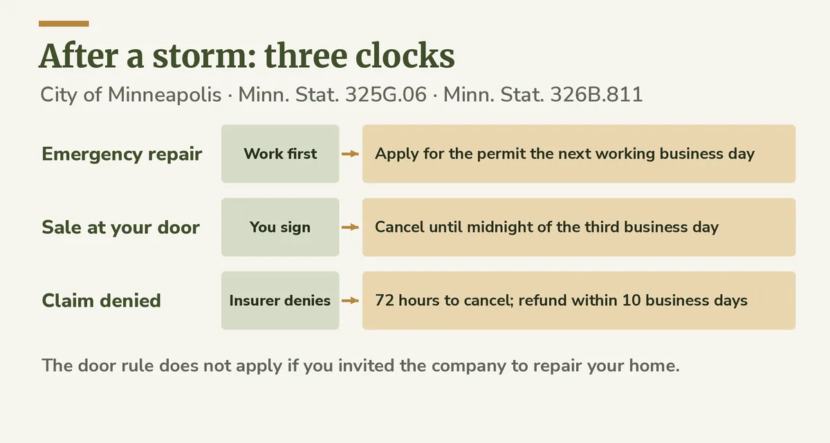 Three rows: emergency repair and the next-day permit, a door sale and three business days, a denied claim and 72 hours to cancel