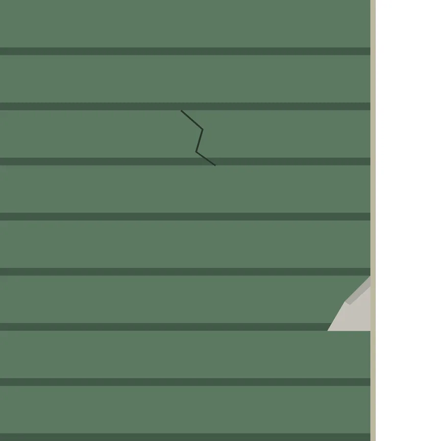 Drawing of green fiber cement lap siding with a chipped corner beside the trim and a hairline crack